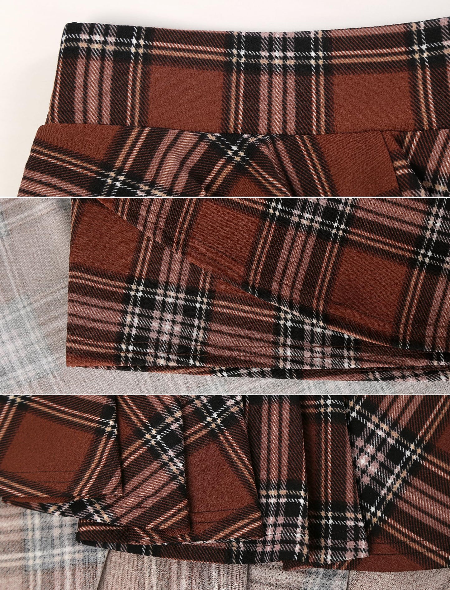 Flared Pleated Brown Plaid Women's Casual Stretchy Mini Skater Skirt with Shorts