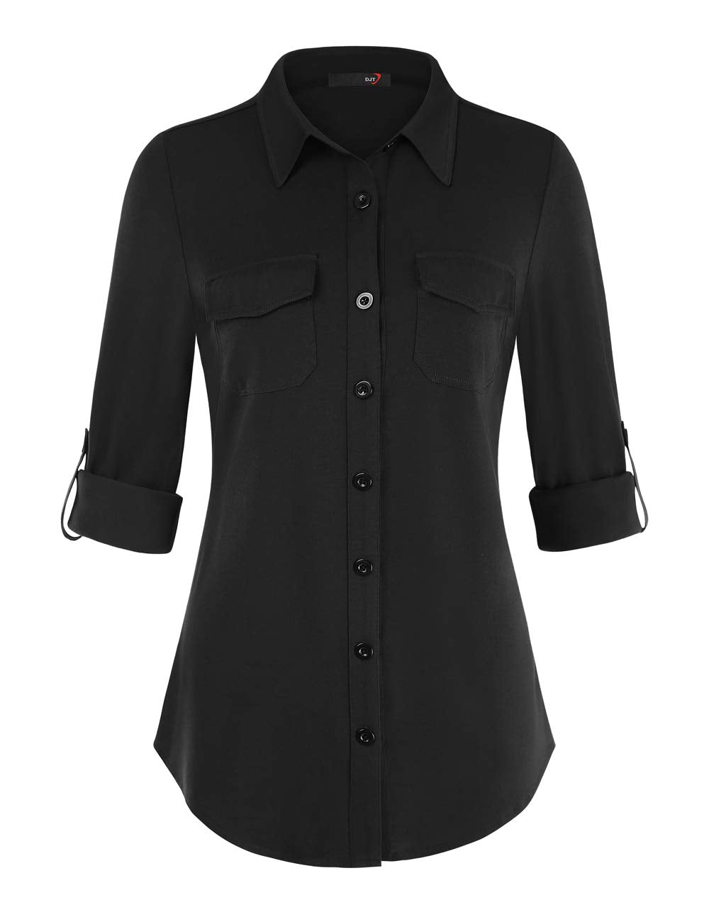 DJT Roll Up Long Sleeve Solid Black Women’s Collared Button Down Plaid Shirt
