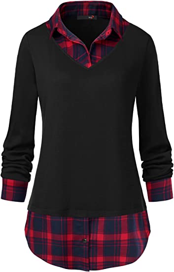 DJT Women's High Street Vampire Black Contrast Plaid Collar 2 in 1 Blouse Tunic Tops
