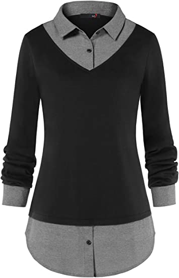 DJT High Street Black Grey Contrast Plaid Collar Women's 2 in 1 Blouse Tunic Tops