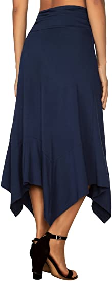 DJT Women's Black/Blue/Navy Flowy Handkerchief Hemline Midi Skirt