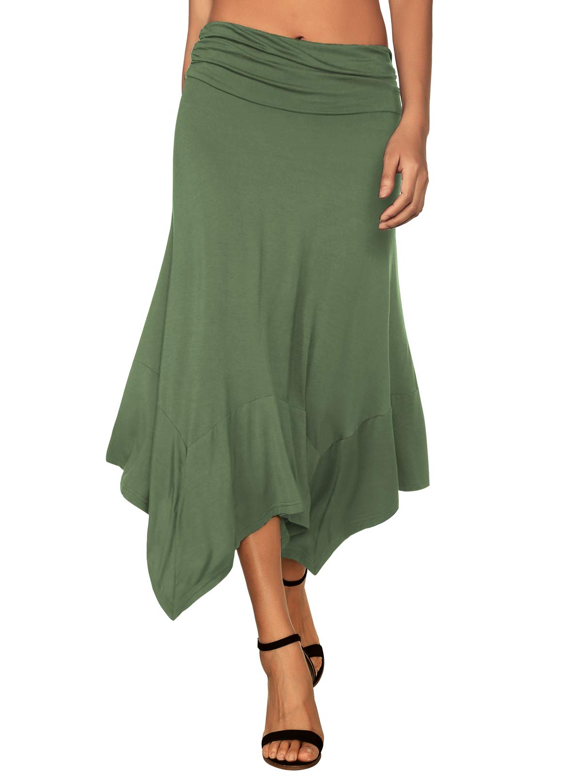 DJT Women's Green Flowy Handkerchief Hemline Midi Skirt