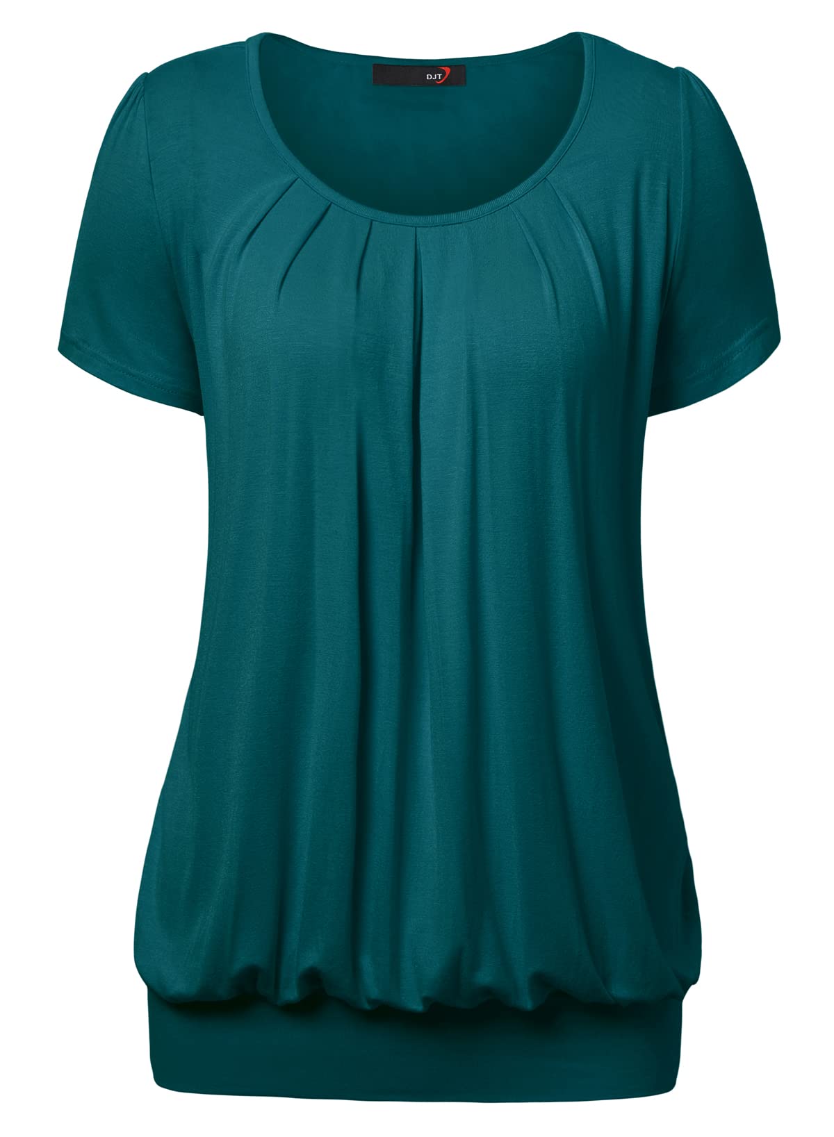 DJT Scoop Neck Teal Short Sleeve Women's Pleated Front Blouse Tunic Tops