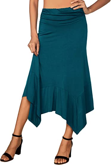 DJT Women's Coffee/Teal/Green Flowy Handkerchief Hemline Midi Skirt