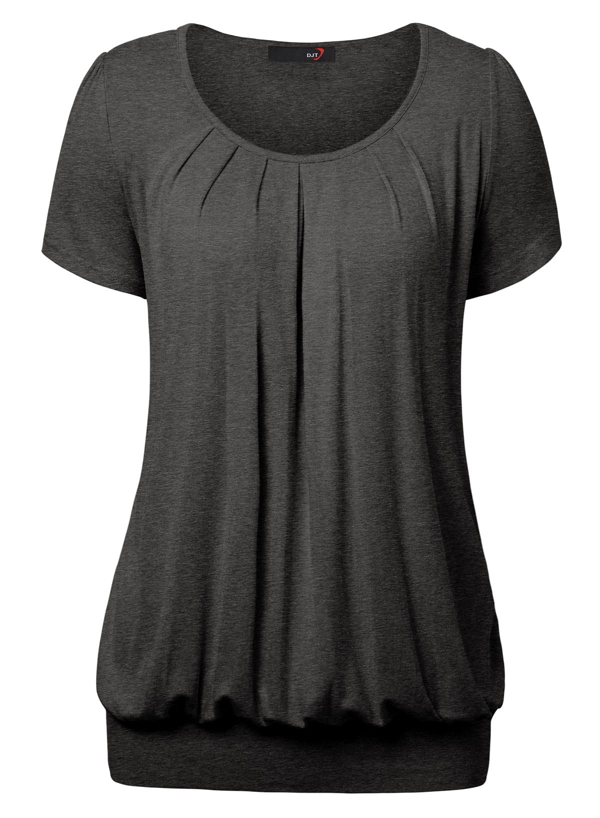 DJT Scoop Neck Grey Short Sleeve Women's Pleated Front Blouse Tunic Tops