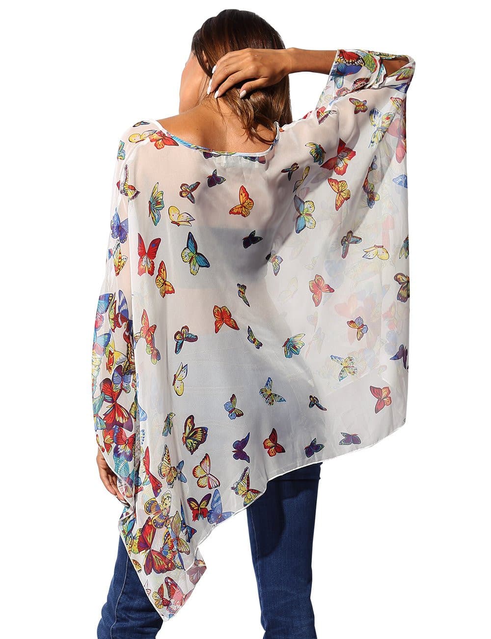DJT Butterfly Printed Women's Chiffon Caftan Poncho Cover Ups Tunic Tops