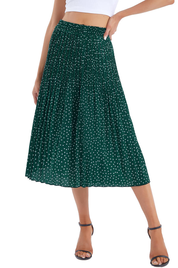 DJT High Waist A-Line Pleated Skirt FASHION Green Polka Dots Womens Elastic Polka Dot Midi Swing Skirt