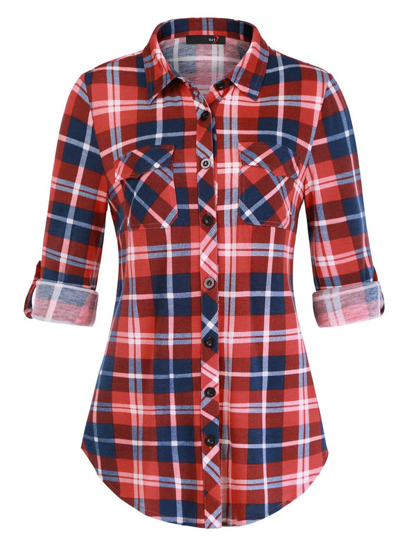 DJT Roll Up Long Sleeve Fiery Red Women’s Collared Button Down Plaid Shirt