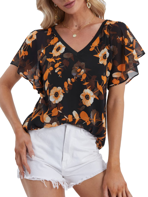 DJT Flare Ruffle Short Sleeve Black Floral Womens Summer Chiffon Tops Casual V Neck Flowy Top Blouses Shirts Media 1 of 4