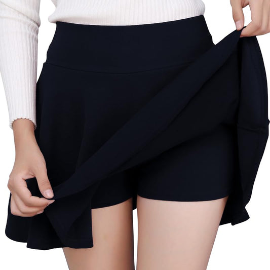 Flared Pleated Women's Casual Stretchy Navy Mini Skater Skirt with Shorts