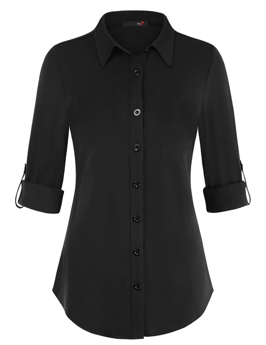 Roll Up Long Sleeve Solid Black No Pocket Plaid Women’s Collared Button Down Plaid Shirt