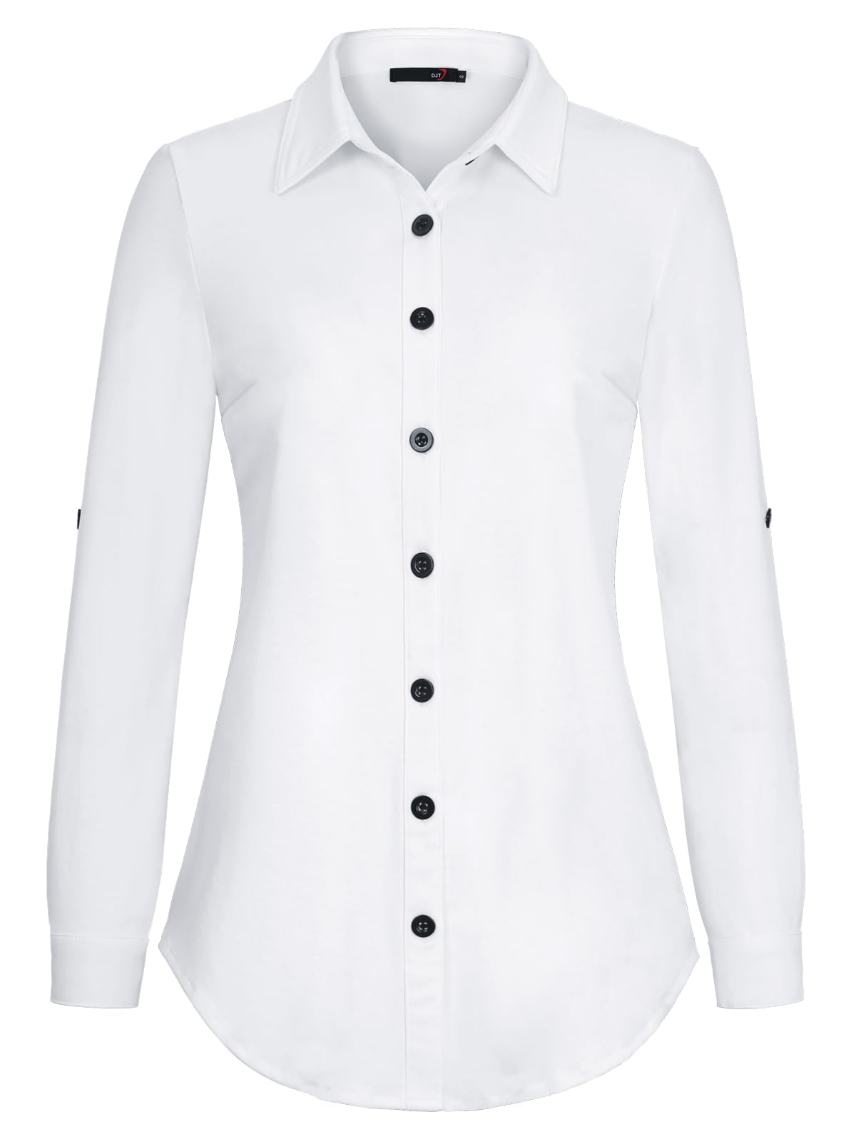 Roll Up Long Sleeve Solid White No Pocket Plaid Women’s Collared Button Down Plaid Shirt