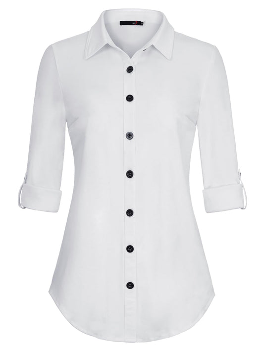 Roll Up Long Sleeve Solid White No Pocket Plaid Women’s Collared Button Down Plaid Shirt