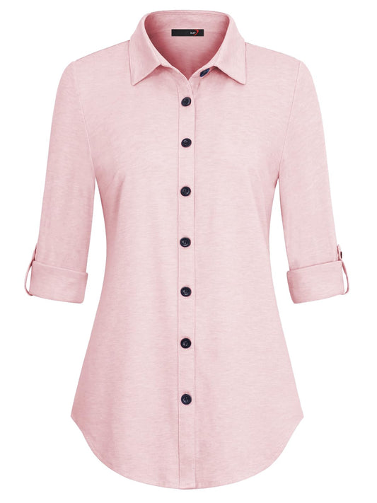 Roll Up Long Sleeve Solid Pink No Pocket Plaid Women’s Collared Button Down Plaid Shirt