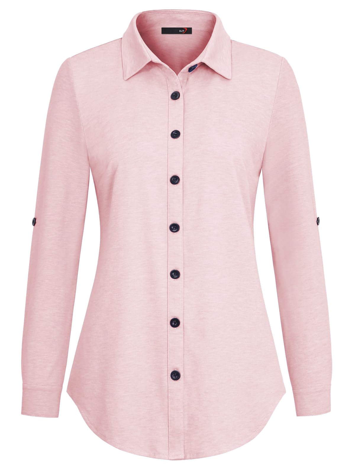 Roll Up Long Sleeve Solid Pink No Pocket Plaid Women’s Collared Button Down Plaid Shirt