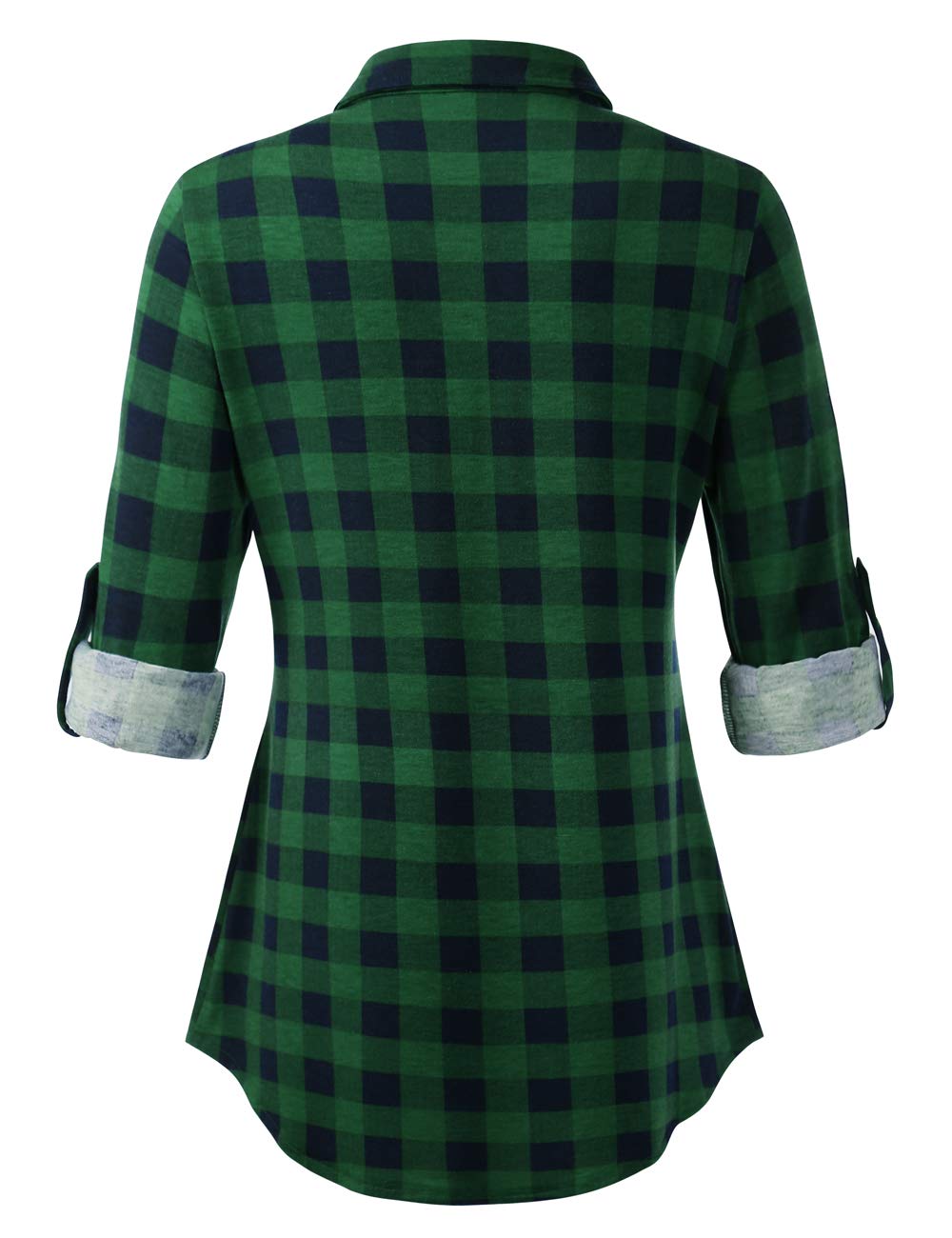 Roll Up Long Sleeve Green Plaid Women’s Collared Button Down Plaid Shirt
