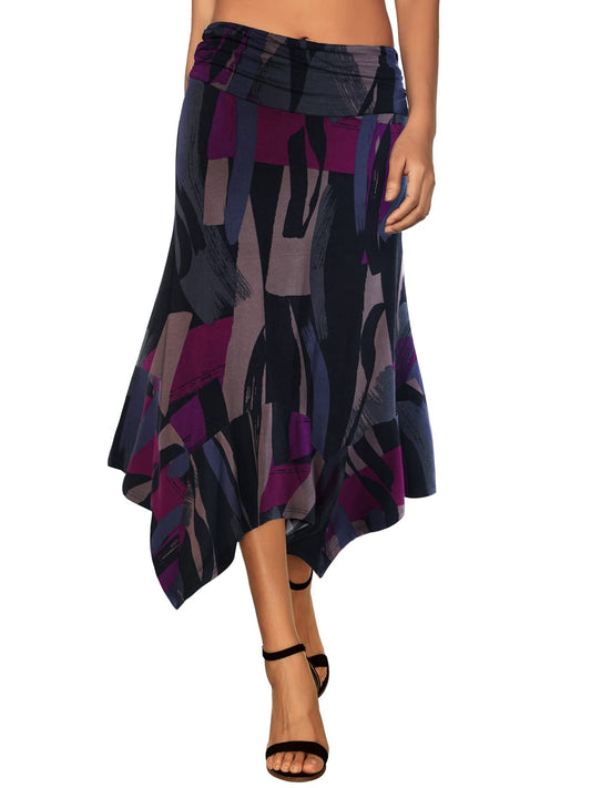 Women's Black Purple Painting Flowy Women's Handkerchief Hemline Midi Skirt