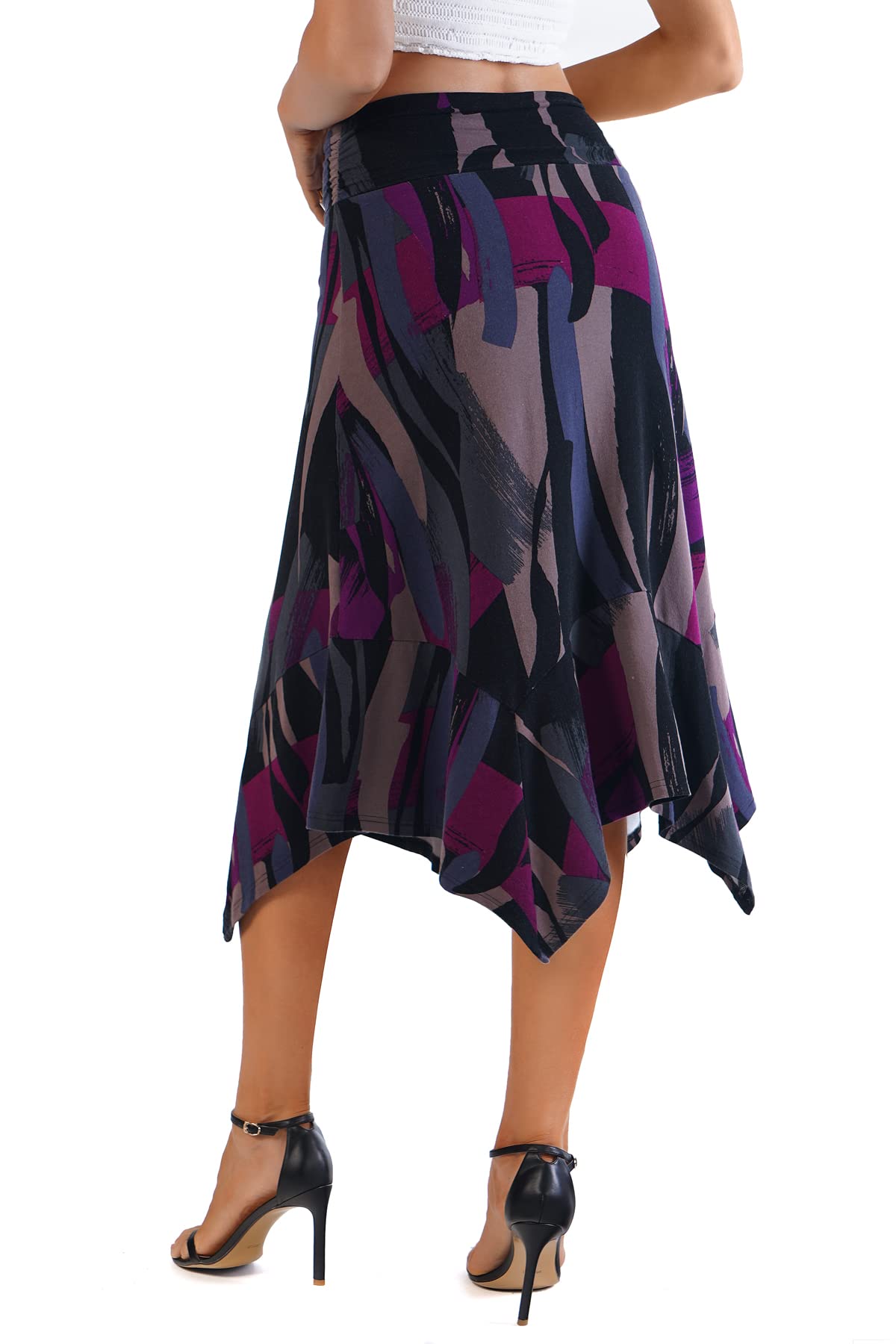 Women's Black Purple Painting Flowy Women's Handkerchief Hemline Midi Skirt