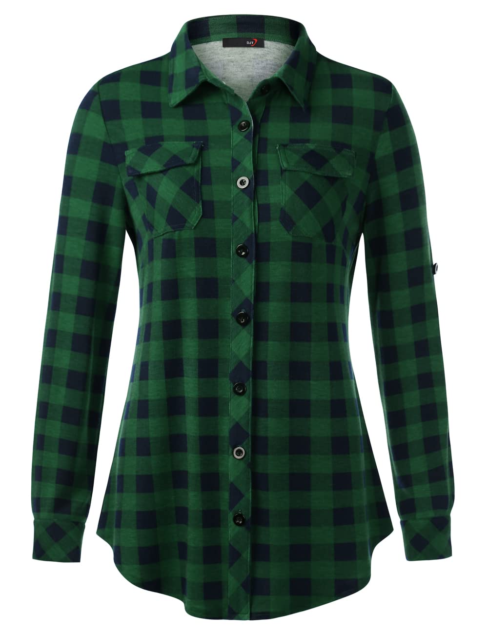Roll Up Long Sleeve Green Plaid Women’s Collared Button Down Plaid Shirt