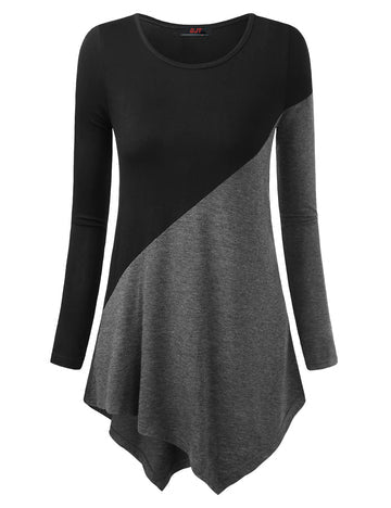 DJT Long Sleeve Black Heather Grey Women's Tunic Shirts Scoop Neck Hanky Hem Color Block Stretch Casual Fall T Shirt Tops