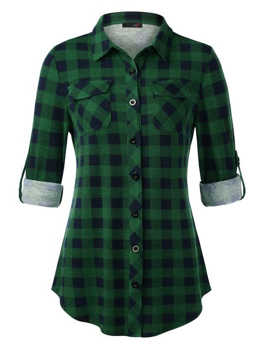 Roll Up Long Sleeve Green Plaid Women’s Collared Button Down Plaid Shirt