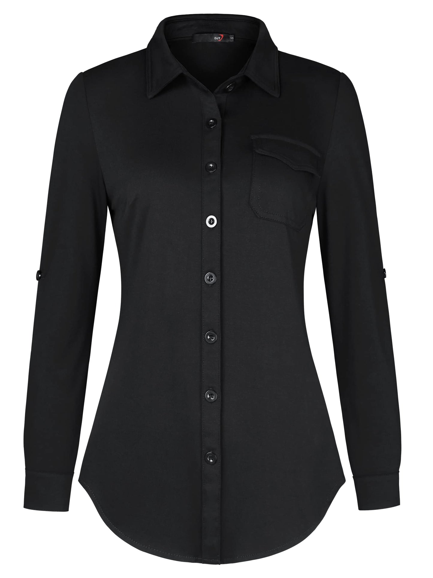 Roll Up Collared Short Sleeve Moonless Night-black Single Pocket Women’s Button Down Plaid Shirt