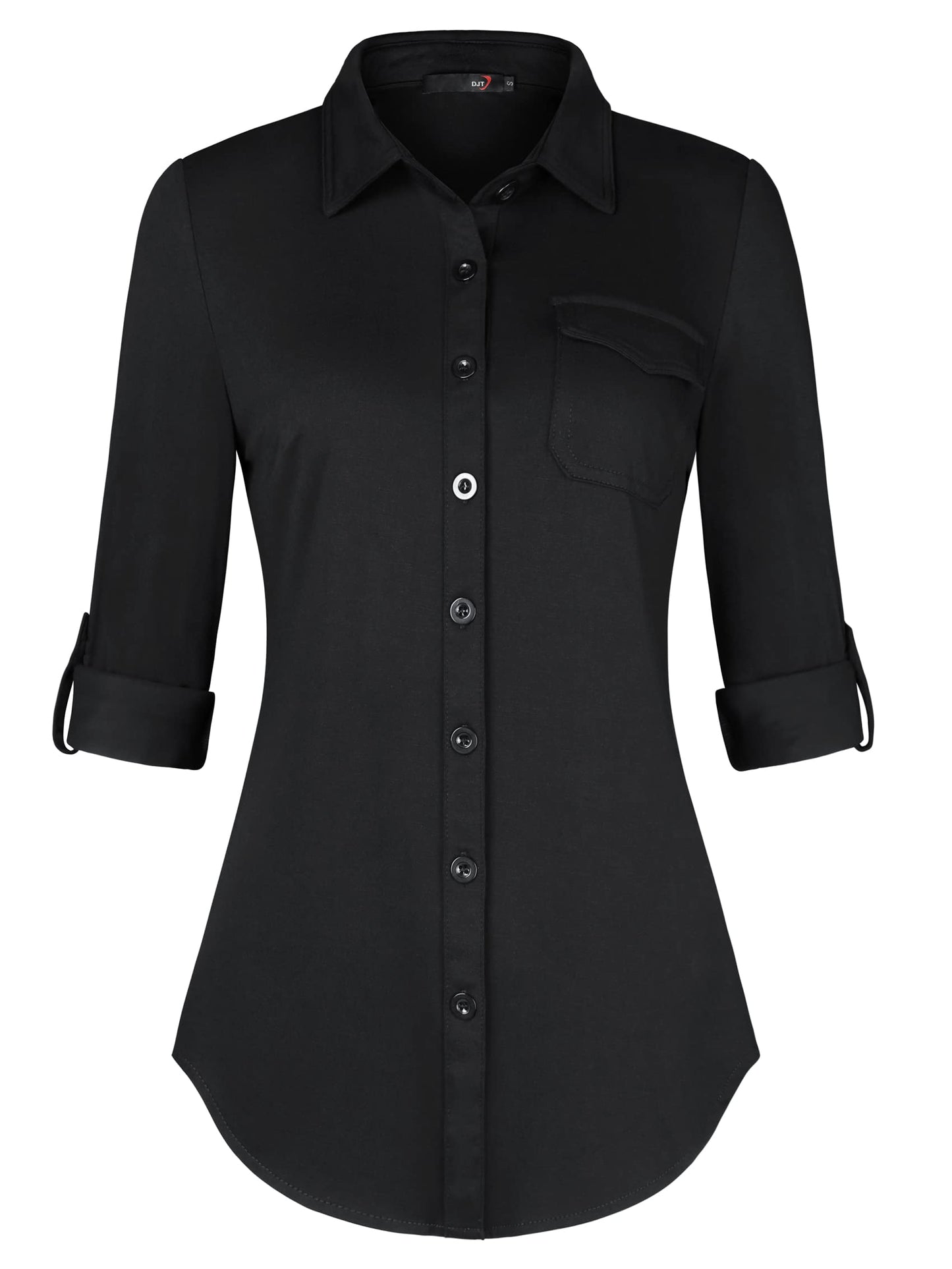 Roll Up Collared Short Sleeve Moonless Night-black Single Pocket Women’s Button Down Plaid Shirt
