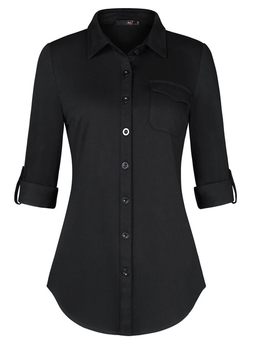 Roll Up Collared Short Sleeve Moonless Night-black Single Pocket Women’s Button Down Plaid Shirt