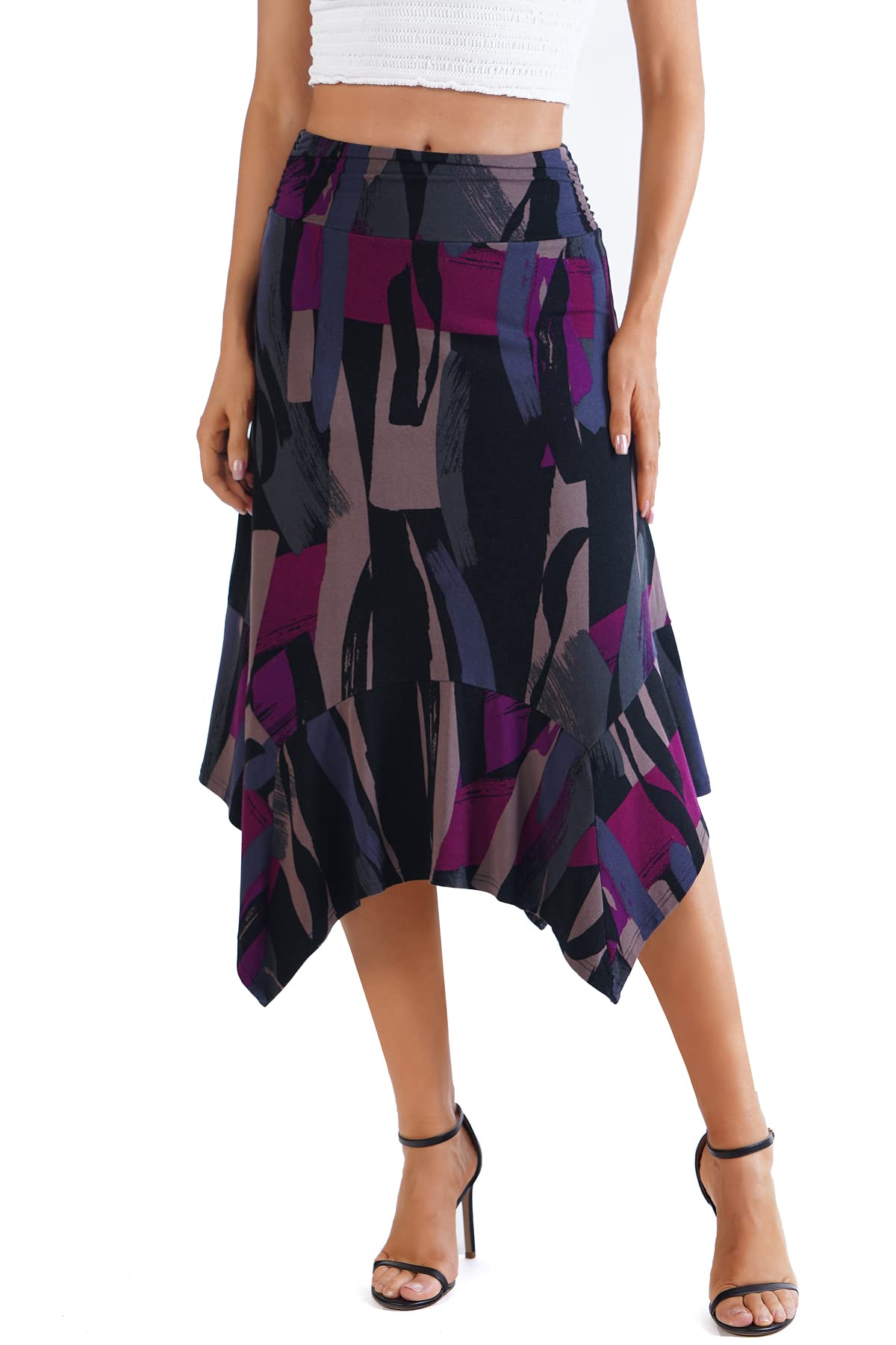 Women's Black Purple Painting Flowy Women's Handkerchief Hemline Midi Skirt