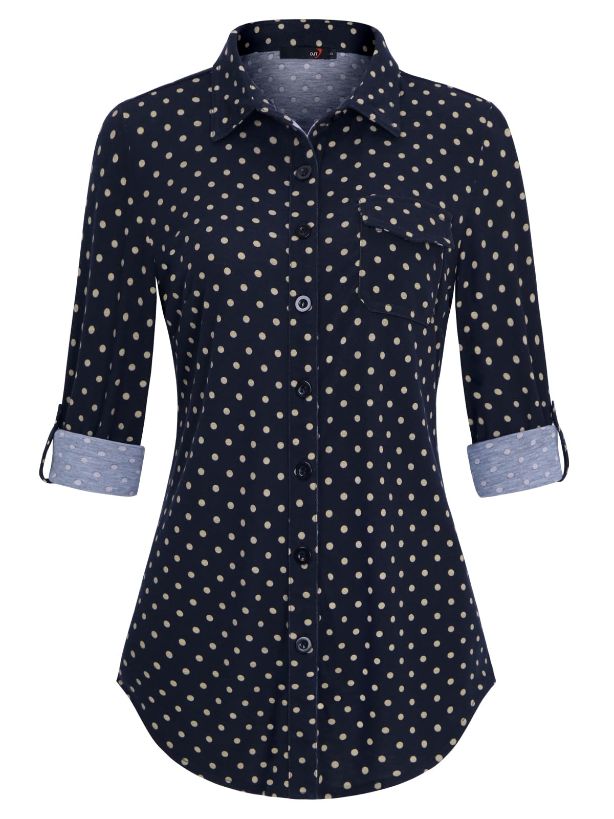 Roll Up Collared Short Sleeve Navy Pokla Dots Women’s Button Down Plaid Shirt