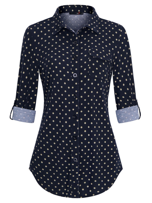 Roll Up Collared Short Sleeve Navy Pokla Dots Women’s Button Down Plaid Shirt