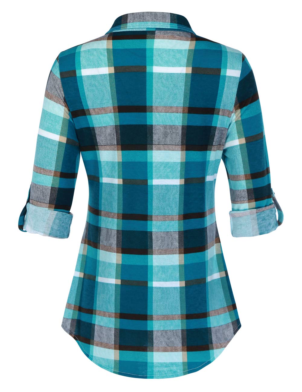 Roll Up Collared Short Sleeve Turquoise Single Pocket Women’s Button Down Plaid Shirt