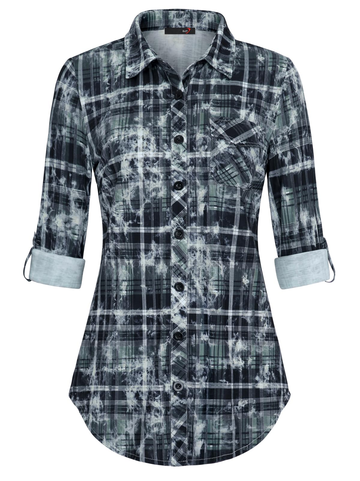 Roll Up Collared Short Sleeve Distressed Black Plaid Women’s Button Down Plaid Shirt