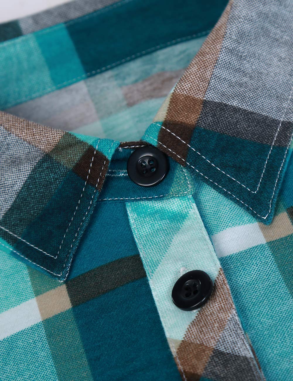 Roll Up Collared Short Sleeve Turquoise Single Pocket Women’s Button Down Plaid Shirt