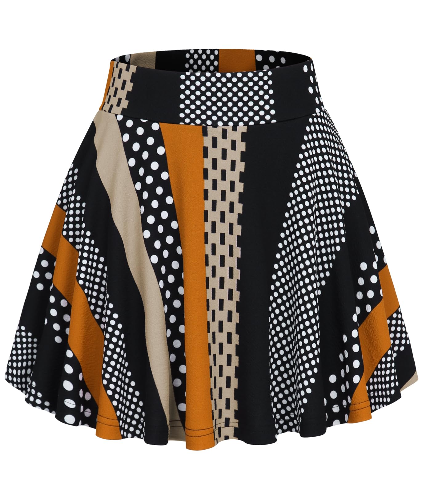 Flared Pleated Black Orange Stripe Women's Casual Stretchy Mini Skater Skirt with Shorts