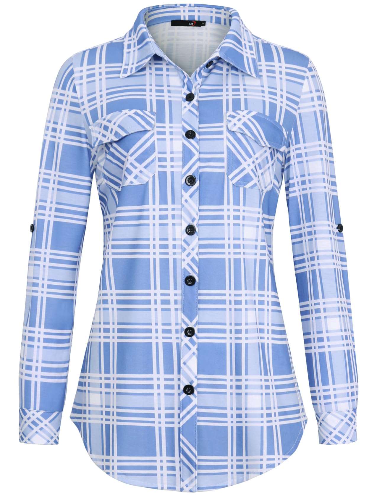 Roll Up Long Sleeve Sky-Blue Women’s Collared Button Down Plaid Shirt