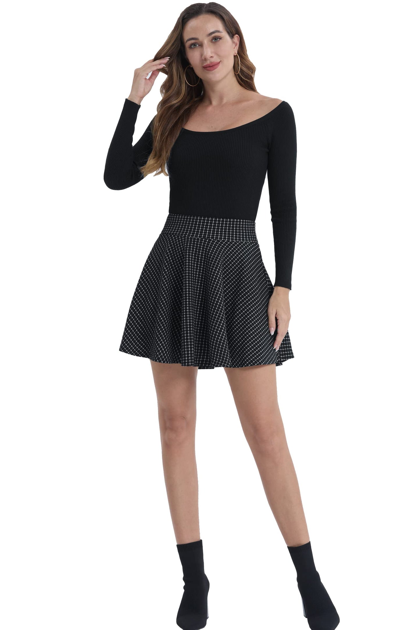 Flared Pleated Black Checked Women's Casual Stretchy Mini Skater Skirt with Shorts