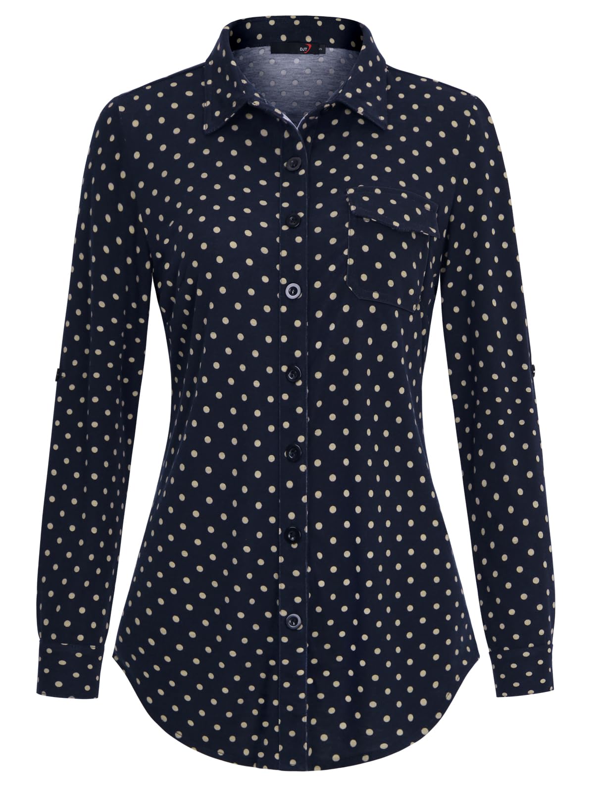 Roll Up Collared Short Sleeve Navy Pokla Dots Women’s Button Down Plaid Shirt