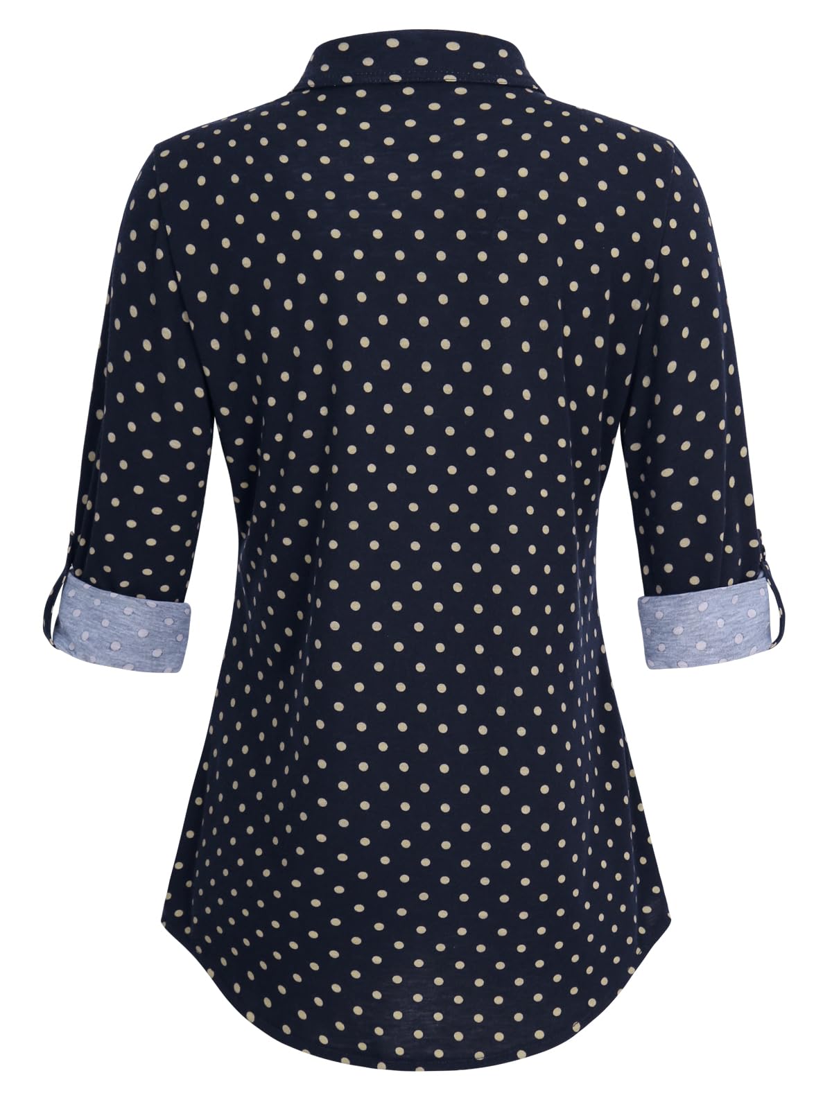 Roll Up Collared Short Sleeve Navy Pokla Dots Women’s Button Down Plaid Shirt