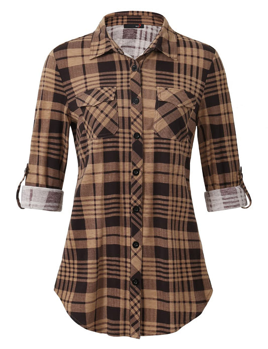 Roll Up Long Sleeve Coffee Women’s Collared Button Down Plaid Shirt