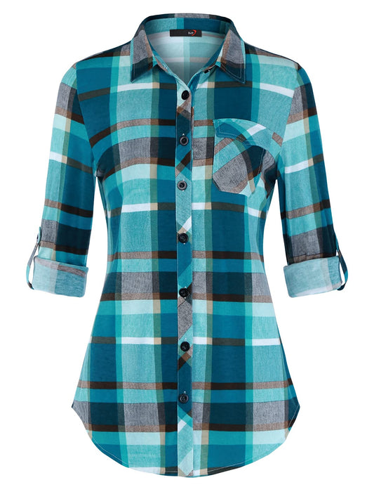 Roll Up Collared Short Sleeve Turquoise Single Pocket Women’s Button Down Plaid Shirt