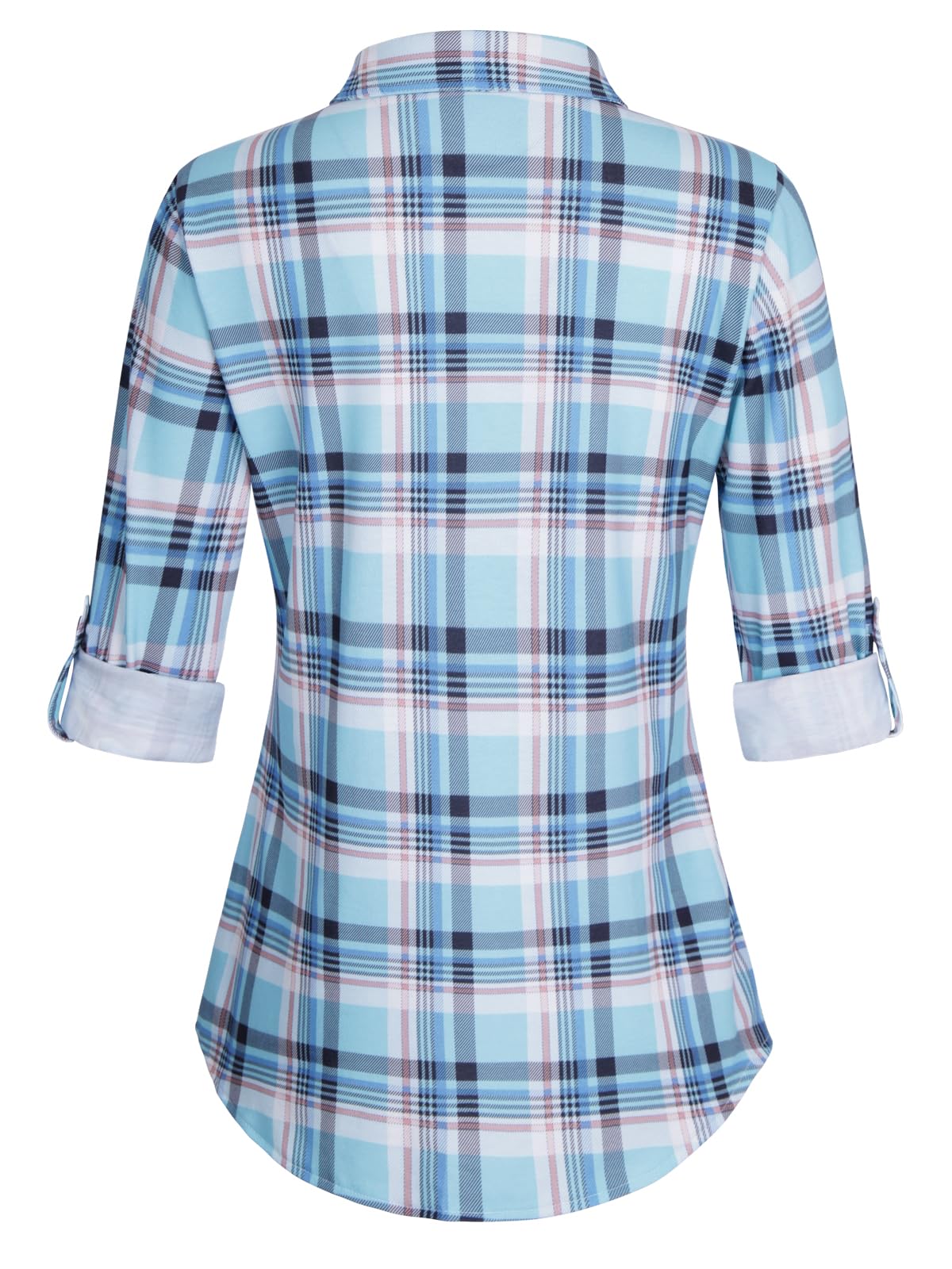 Roll Up Long Sleeve Light Blue Plaid Women’s Collared Button Down Plaid Shirt