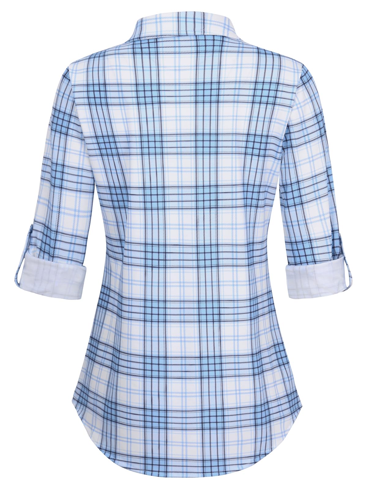 Roll Up Long Sleeve Blue-White Women’s Collared Button Down Plaid Shirt