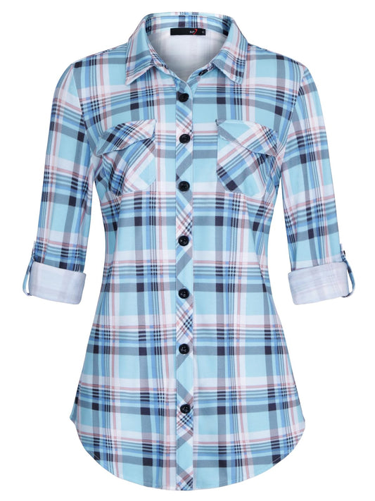 Roll Up Long Sleeve Light Blue Plaid Women’s Collared Button Down Plaid Shirt