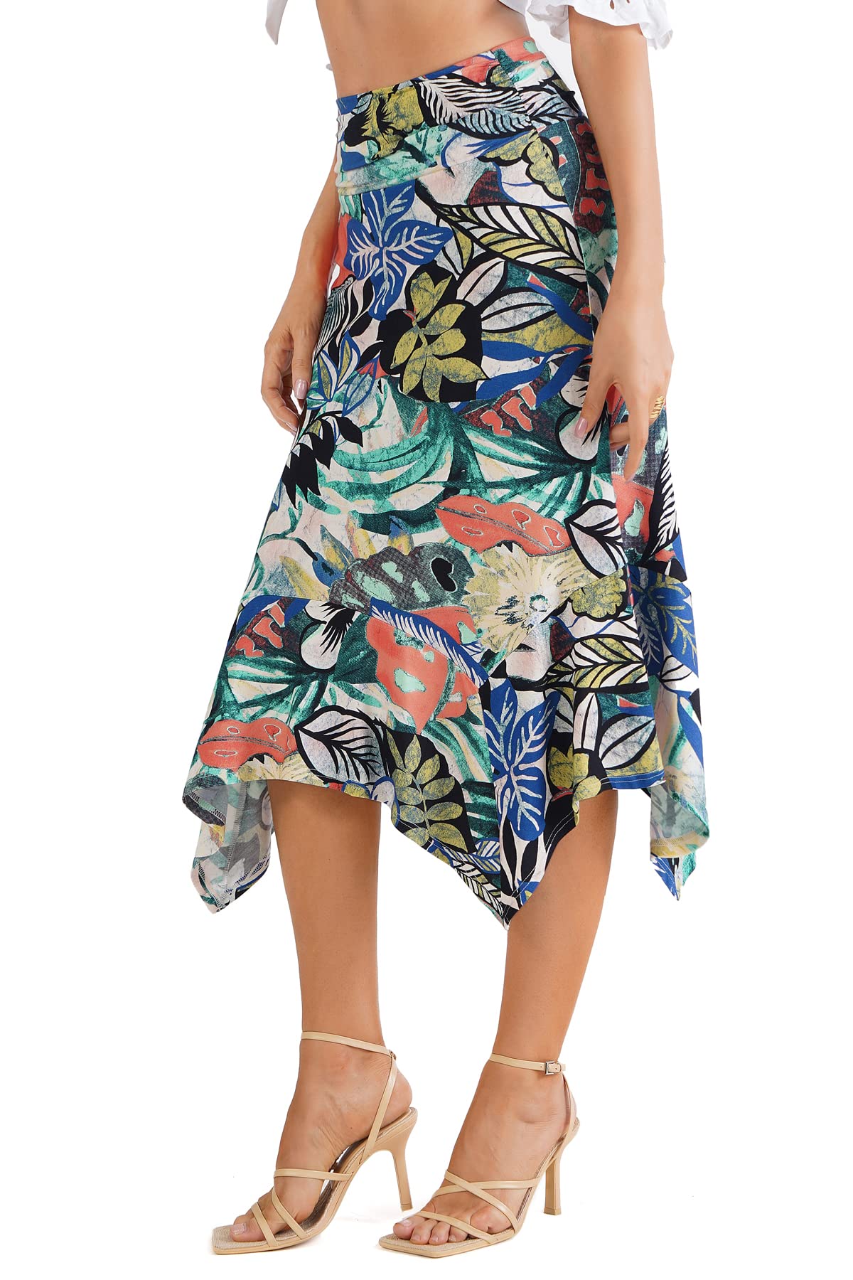 Women's Black/Blue Floral Flowy Women's Handkerchief Hemline Midi Skirt