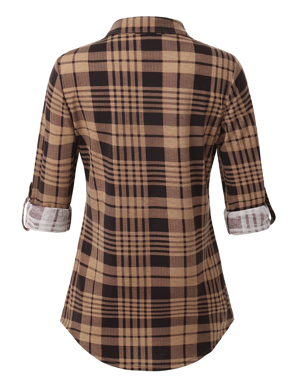 Roll Up Long Sleeve Coffee Women’s Collared Button Down Plaid Shirt