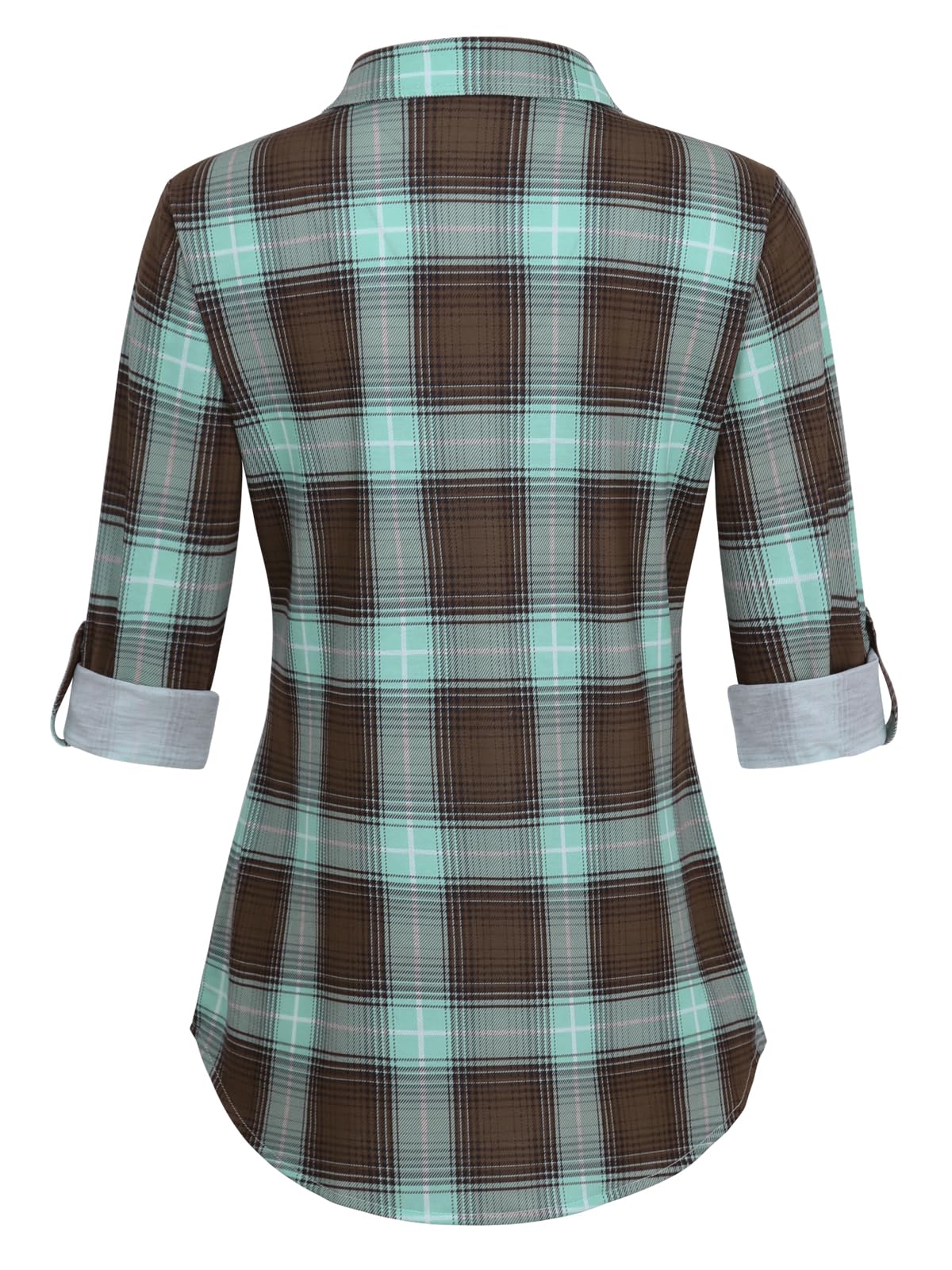 Roll Up Long Sleeve Green-Brown Women’s Collared Button Down Plaid Shirt