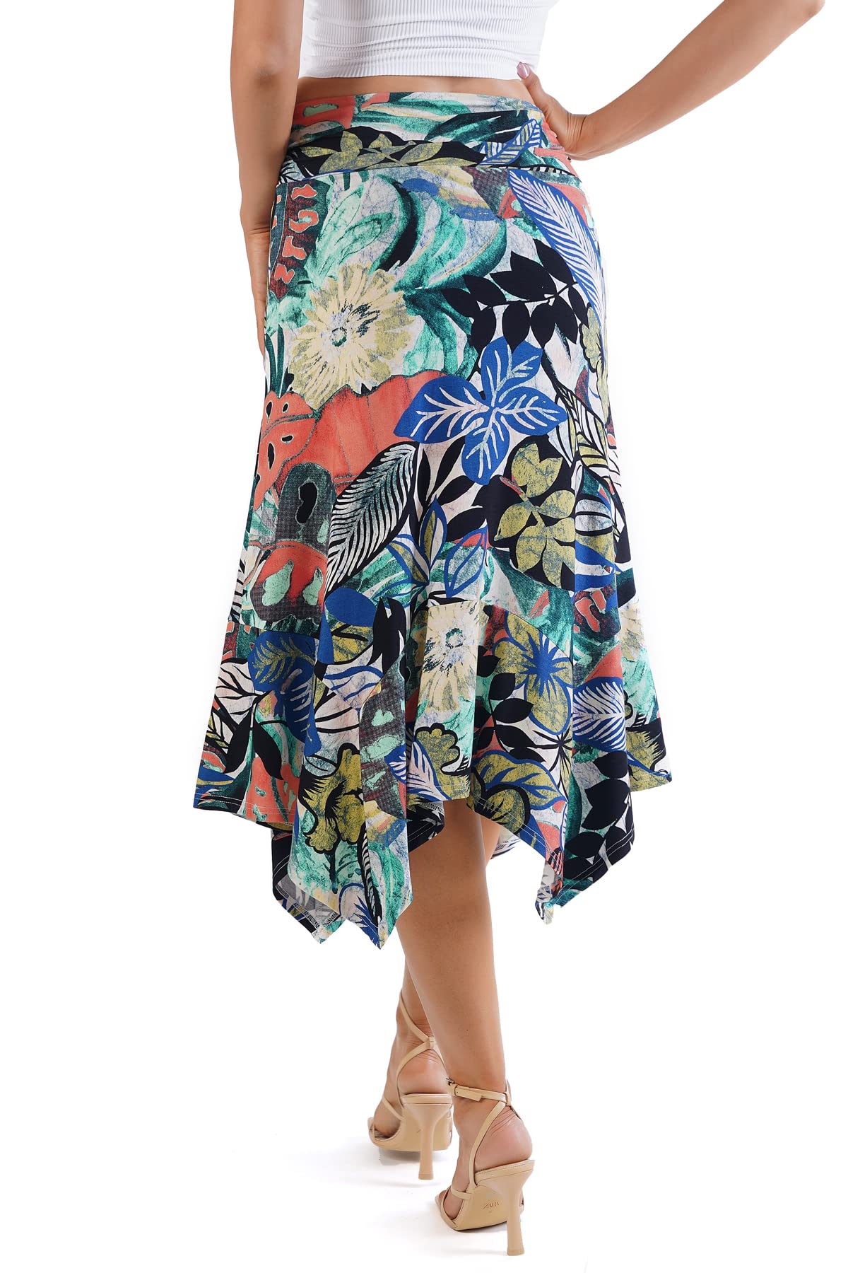 Women's Black/Blue Floral Flowy Women's Handkerchief Hemline Midi Skirt