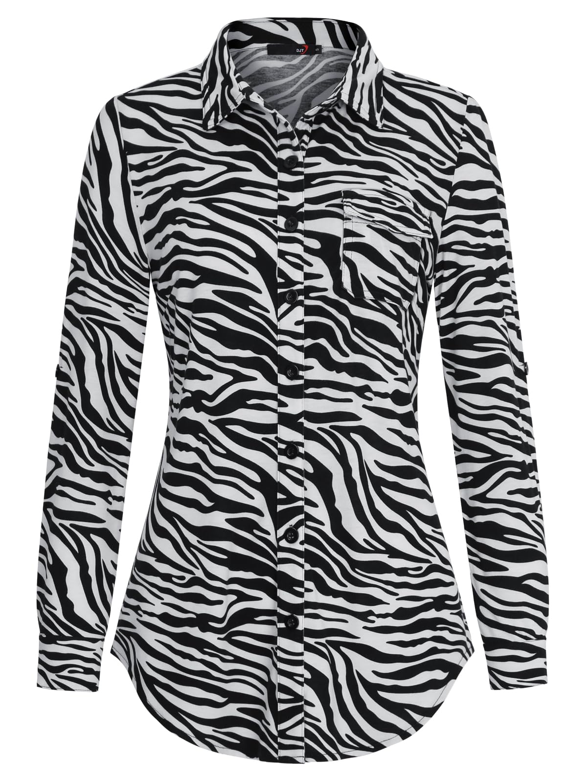 Roll Up Collared Short Sleeve Zebra Print Women’s Button Down Plaid Shirt