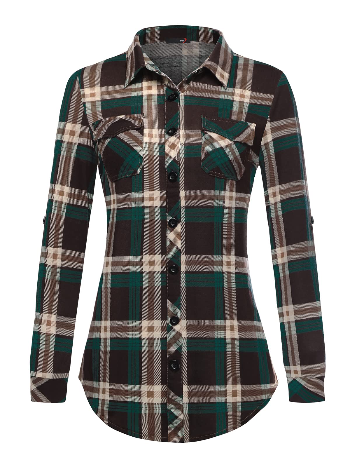 Roll Up Long Sleeve Coffee-green Women’s Collared Button Down Plaid Shirt